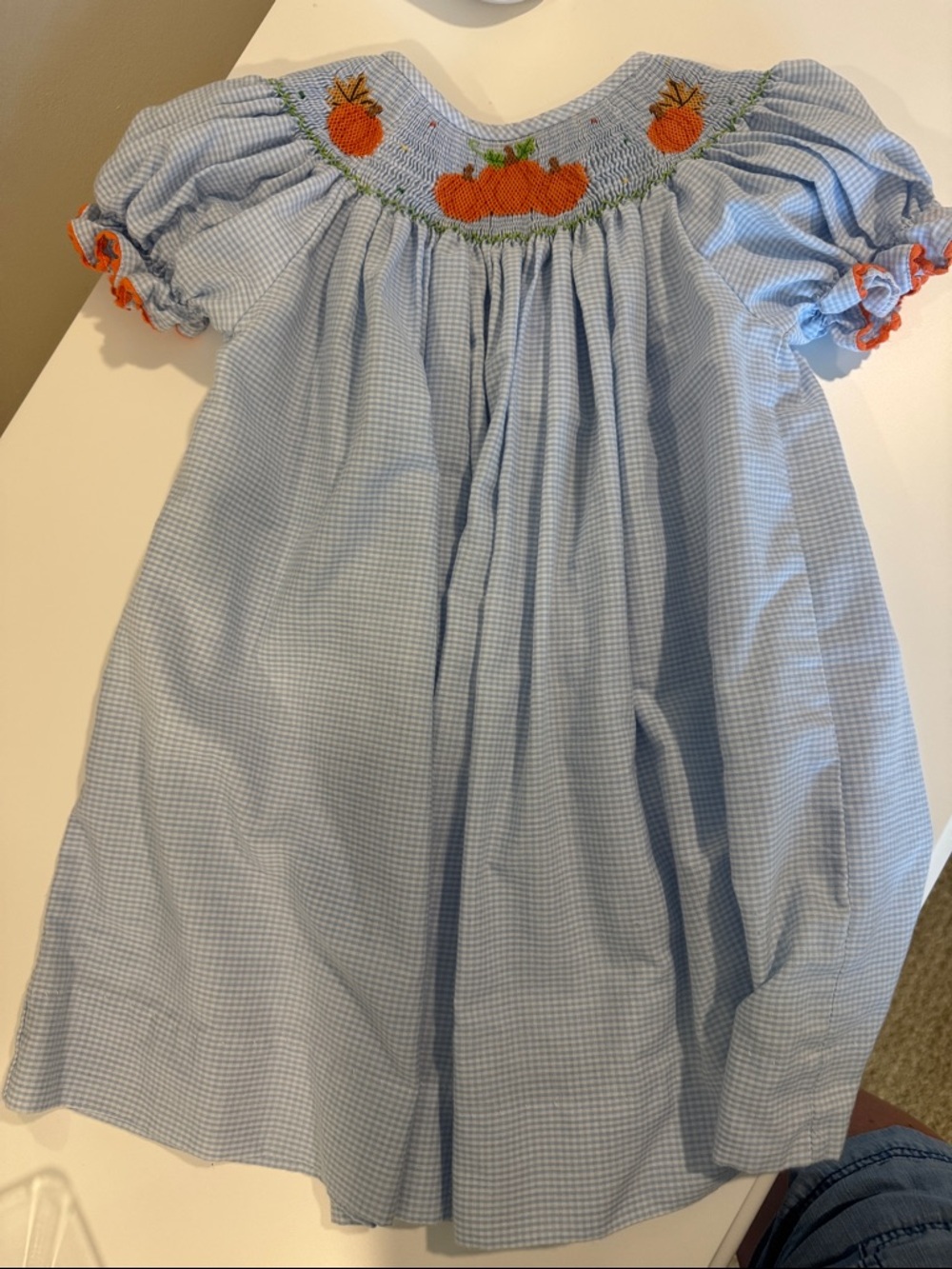 Smocked Blue Gingham Kids Dress with Orange Pumpkin Embroidery